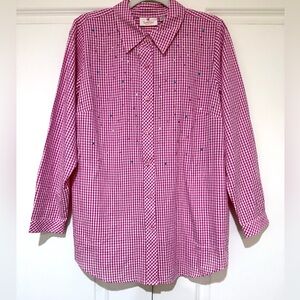 NWT Quacker Factory Pink Gingham Button Down Shirt with Gem Accents